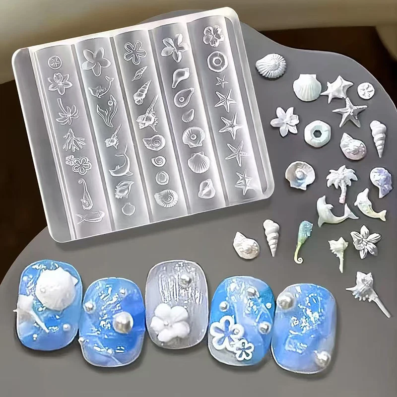 1/2/4PCS Ocean Series 3D Silicone Nail Mold Sea Shell Conch Starfish Jellyfish Soft Charm Manicure Stencil Stamper Tool