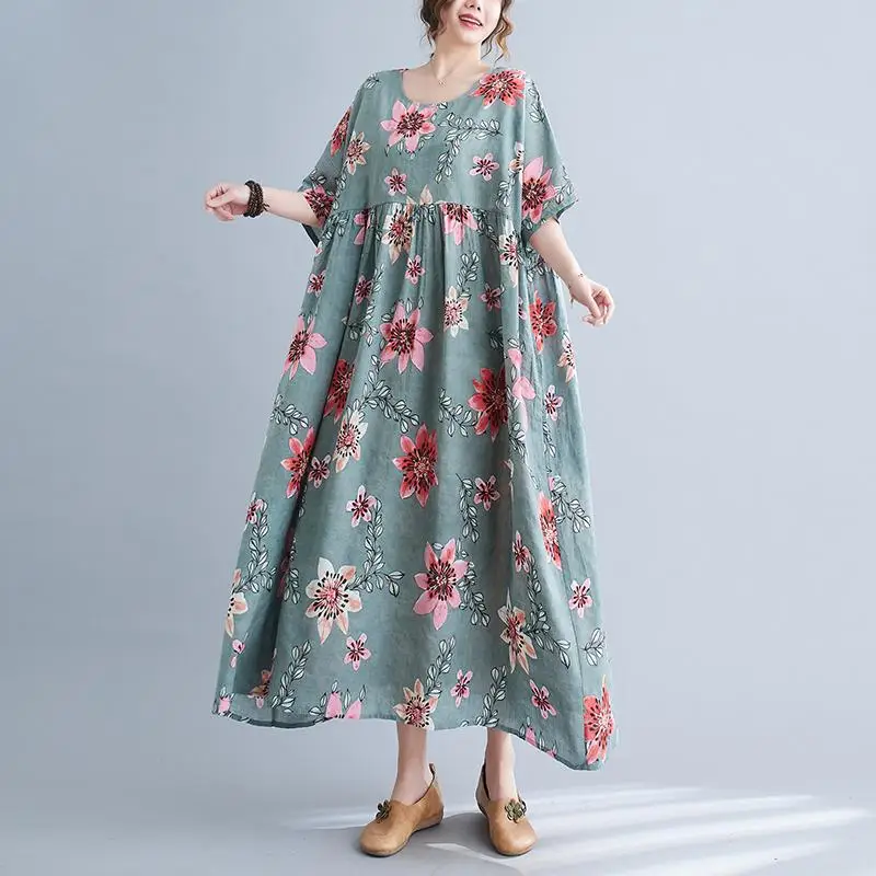

Dimanaf Plus Size Women 2024 New Summer Style Dress O-Neck Floral Loose Dress Green Linen Basic Dresses 5028