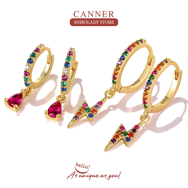 CANNER Lightning Star Cross Color Zircon Earrings For Women Korean Fashion Piercing Earrings Hoop Pendiente Wedding Jewelry