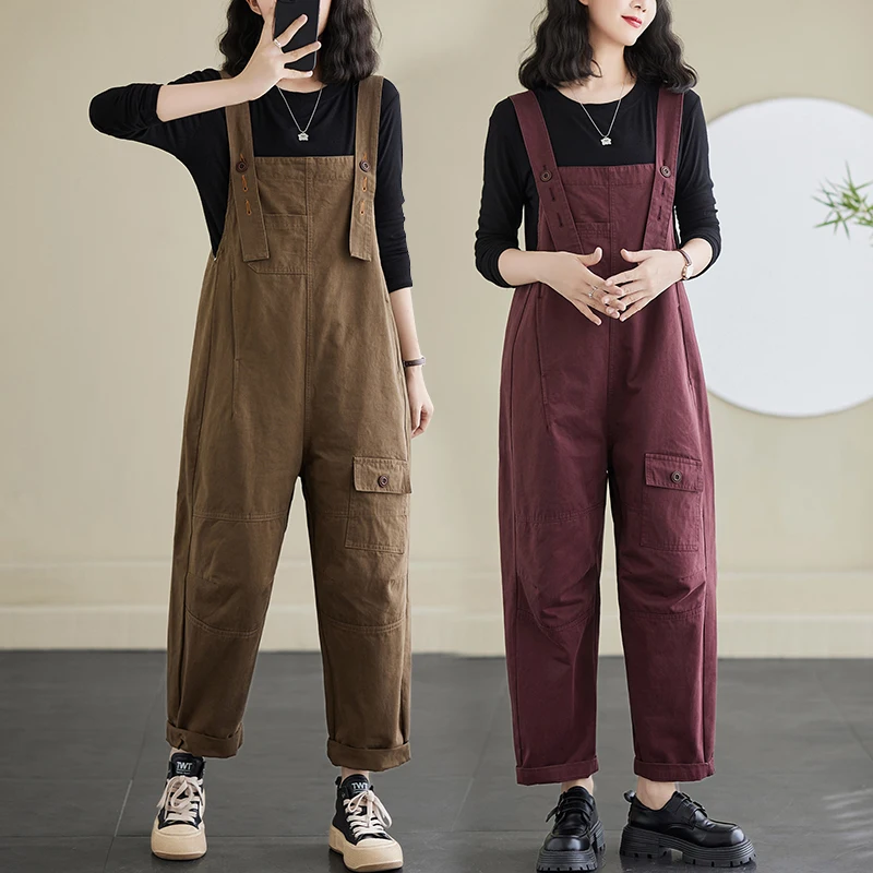 Aricaca Loose Bib Suspenders Cotton Overalls for Women Vintage Streetwear Wide Leg Cargo Baggy Pants