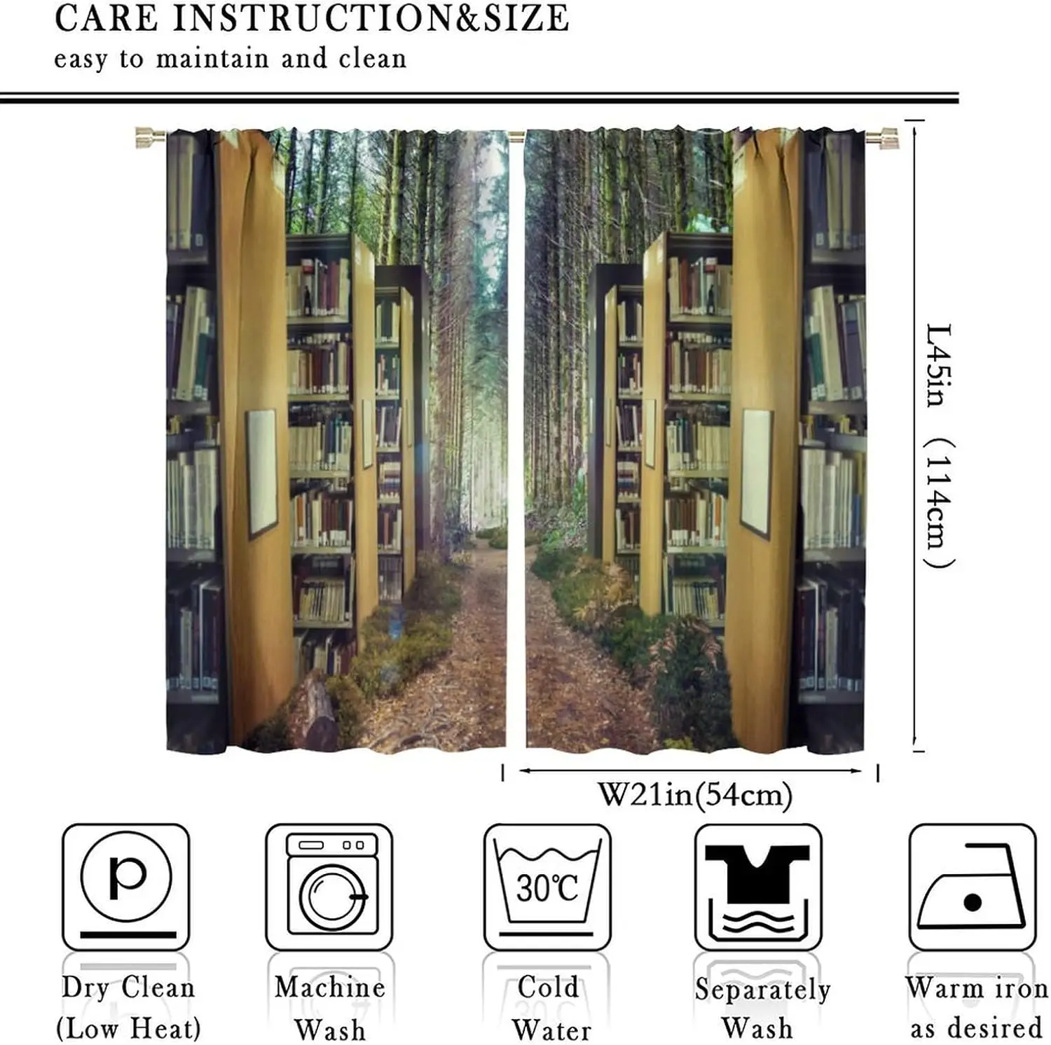 2 Panels Magical Forest Bookshelf Blackout Curtains Library Book Aisle Jungle Path Print Drapes Fantasy Study Bedroom Window