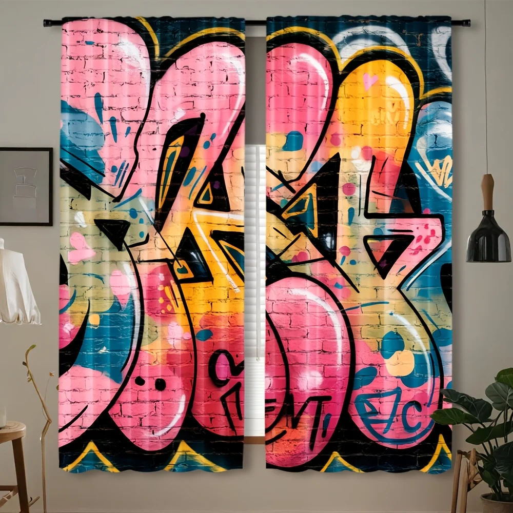 Painted city graffiti theme Print Drapes Room Darkening Window Curtains for Home Decor,Rod Pocket Blackout Curtains Bedroom