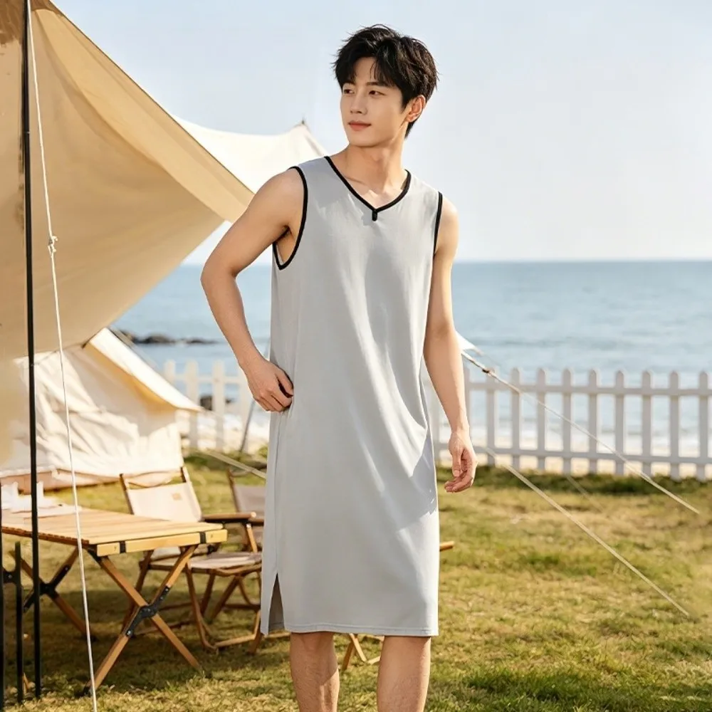 Casual Knee-Length Men's Sleeping Dress Plus Size Elastic Modal Pajamas Oversized Sleeveless Bathrobe Summer