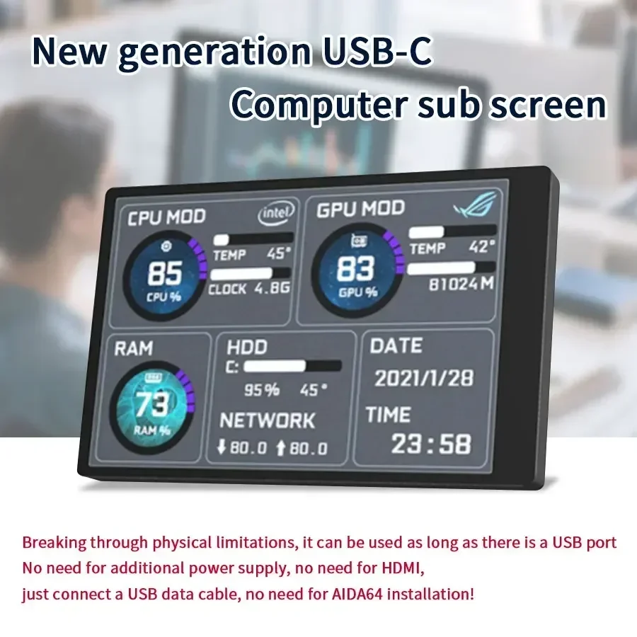 Layar Sekunder Mini IPS USB Tipe C 3.5 Inci CPU GPU RAM HDD Monitor Komputer Tampilan Monitor LCD Windows 8/10/11 Bebas AIDA64