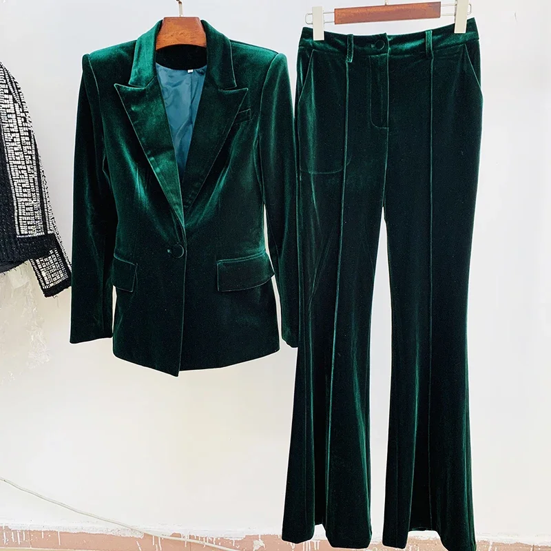 Conjunto de traje de pasarela de diseñador para mujer, Blazer de terciopelo con un solo botón y solapa, pantalones acampanados, novedad de 2023