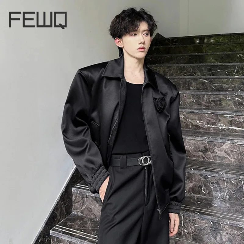 FEWQ Men's Jackets Liquid Surface Metal Rose Design Shoulder Pads Turn-down Collar Male Solid Color Male Coats Fashion 9C6989