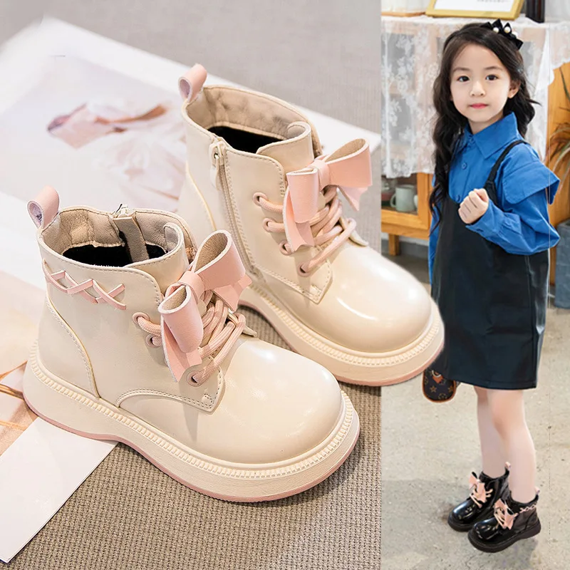 

2024 Winter New Children Short Boots for Girls Fashion Sweet Bowtie Soft Bottom Anti-slippery Versatile Casual Side Zipper Shoes