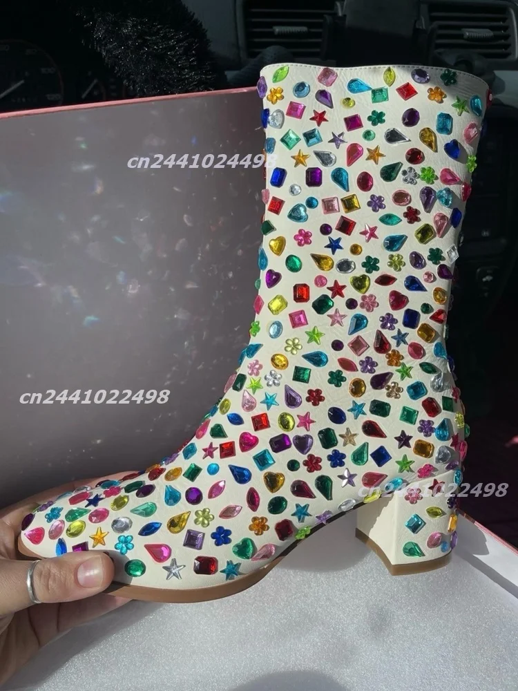 Women Rhinestone Decor Mid Calf Boots Colorful Gem Rounded Toe Thick Block Heel, Back Zip Structure Ladies Chunky High Heel Shoe