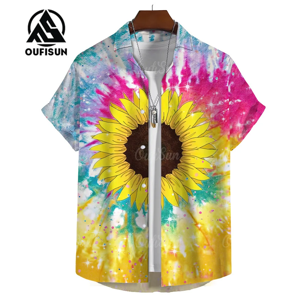 Sunflower Floral Print Shirt Men\'s Casual Short Sleeve Shirt Summer Hawaii Beach Vacation Men\'s Shirt Oversized Tops Size S-5XL