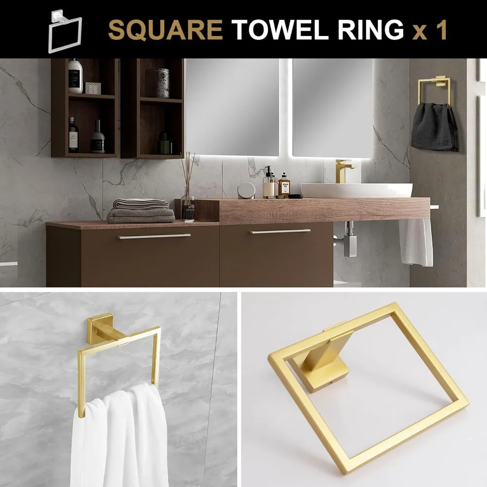 Gold Wall Mounted Towel Bar Set, 5-Piece Bathroom Hardware Collection with Towel Rack and Holder