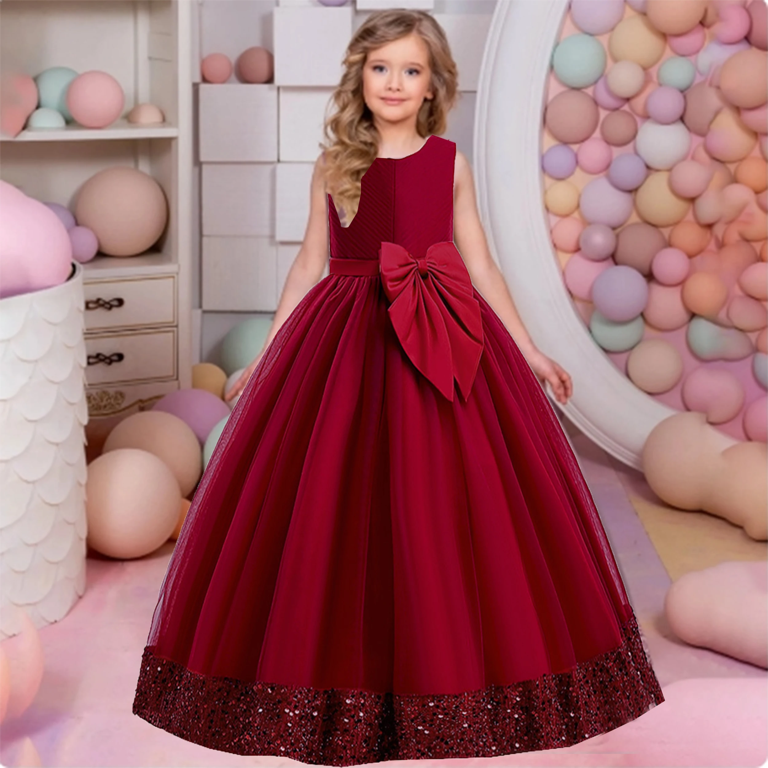 

Michella Fashion Little Big Girls Bowknot Sequined Flower Girl Birthday Party Formal Dress Long Formal Pageant Dress LP399