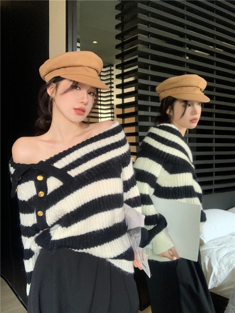 Ezgaga Striped Sweater Women Off Shoulder Striped Autumn Winter Button Slash Neck Pullover Vintage Knitted Tops Loose Jumper