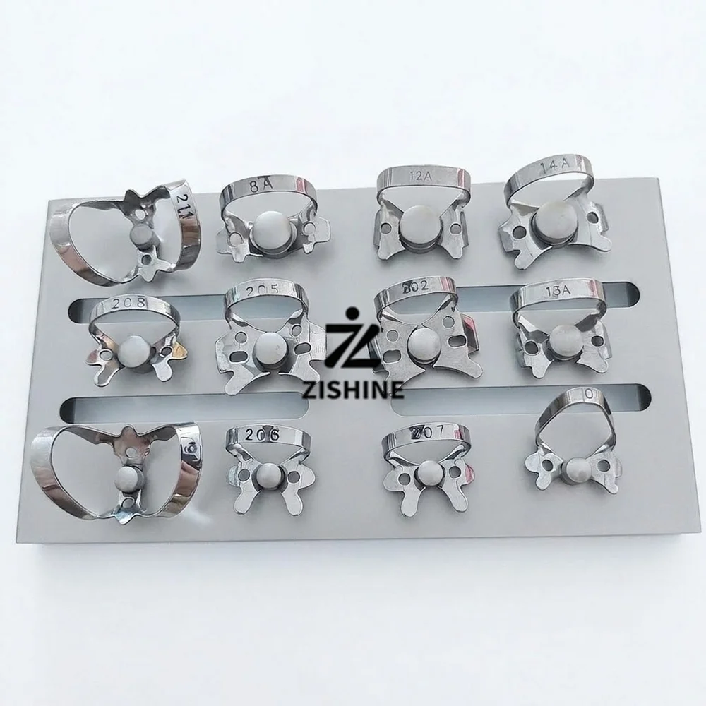 12Pcs Dental Rubber Dam Clamps Set Medical Stainless Steel Matrix Clip Kit with Sterilization Storage Peg Board Tray Holder