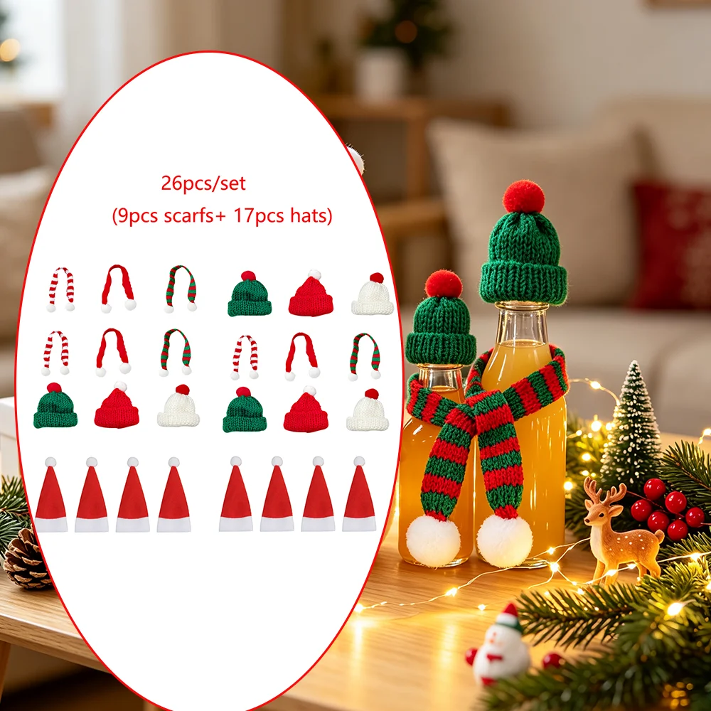 26pcs random color Christmas hats, Christmas holiday decorations, Christmas bottle decoration hats, decorative scarves, mini Christmas decoration hats, Christmas gift box embellishments, Christmas decorations