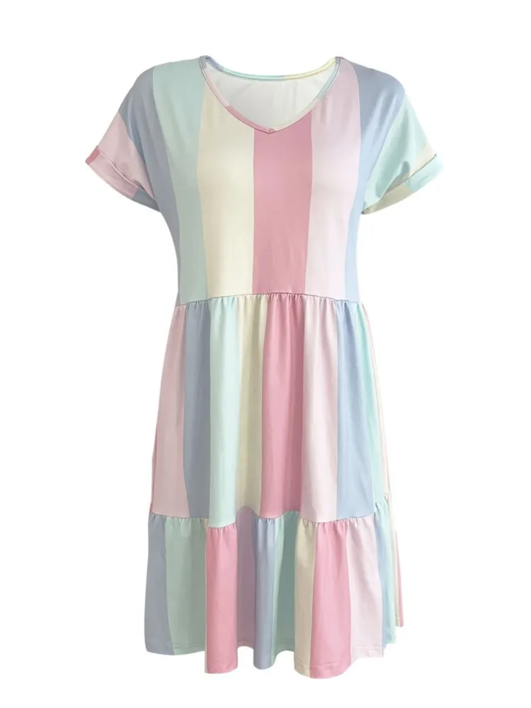 ฤดูร้อนสบายๆ Boho ชุดมินิผู้หญิง 2025 ใหม่แฟชั่น Elegant V คอแขนสั้น Beach Holiday สีสีสันพิมพ์ชุด