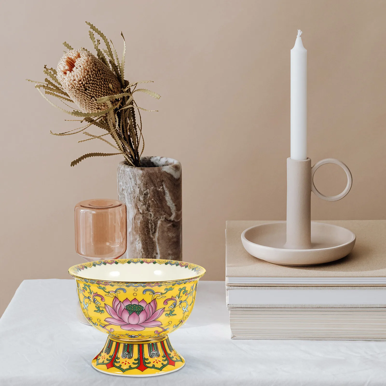 

1Pcs Enamel Lotus Tribute Bowl Ceramic Home Decoration Multi-Functional Worship Temple Bowl Buddhist Supply Home Decoration