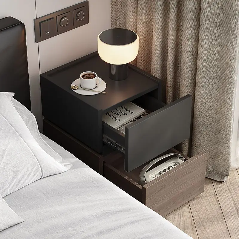 

2025 new Italian minimalist bedside table modern simplicity high sense creative bedroom solid wood bedside cabinet shelf