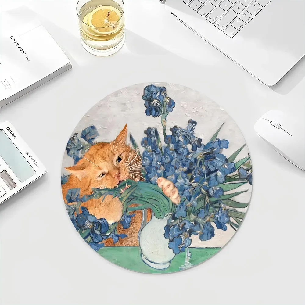 Claude Monet Van Gogh Funny Cat Art 22x22cm Round Kawaii Cartoon Anime Gaming Mouse Pad Keyboard Mouse Mats Deskpad Girls for PC