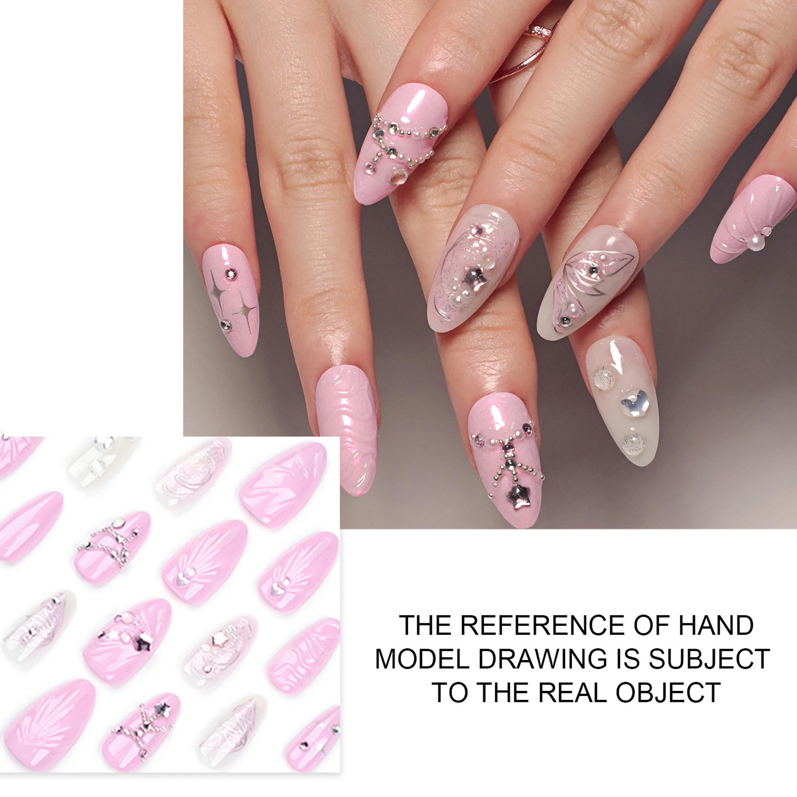 Pink Almond Press on Nails with Glitter Natural-looking Easy to Take on and Apply for Hot Girl Dress Matching