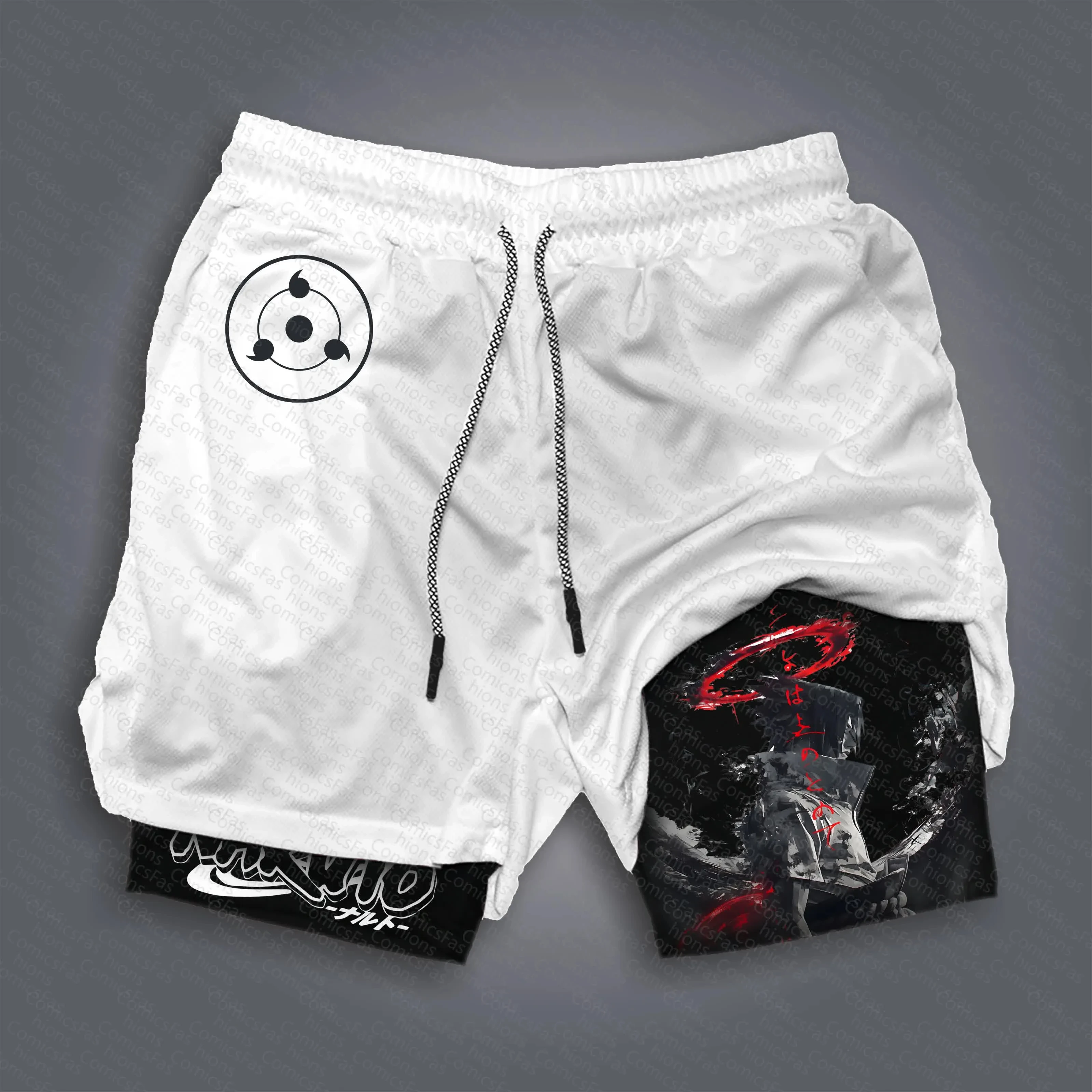 Naruto Anime Sasuke Peripheral Print Summer Double-layer Shorts Men's and Women's Commuting Sports Daily Sports Shorts