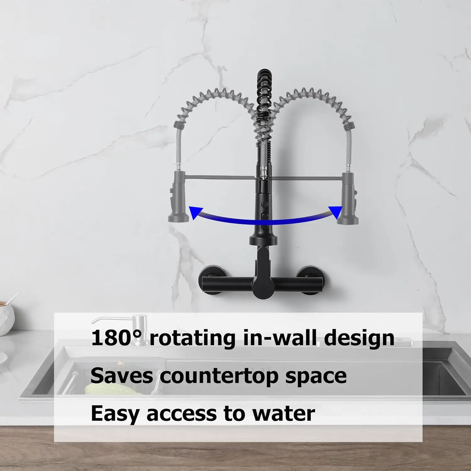 صنابير المطبخ المثبتة على الحائط، صنبور المطبخ المثبت على الحائط مقاس 8 بوصة مع بخاخ، أسود غير لامع #5