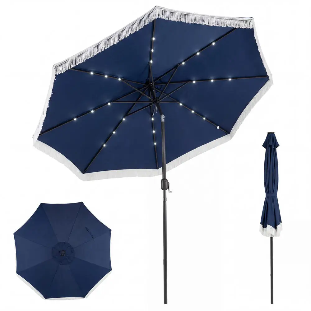 10 Ft Solar Patio Umbrella With 24 LED Lights, 8 Metal Ribs, Crank And Tilt, Polyester Fabric, Outdoor Sun Shade For Yard, Pool, Restaurant, Navy Blue