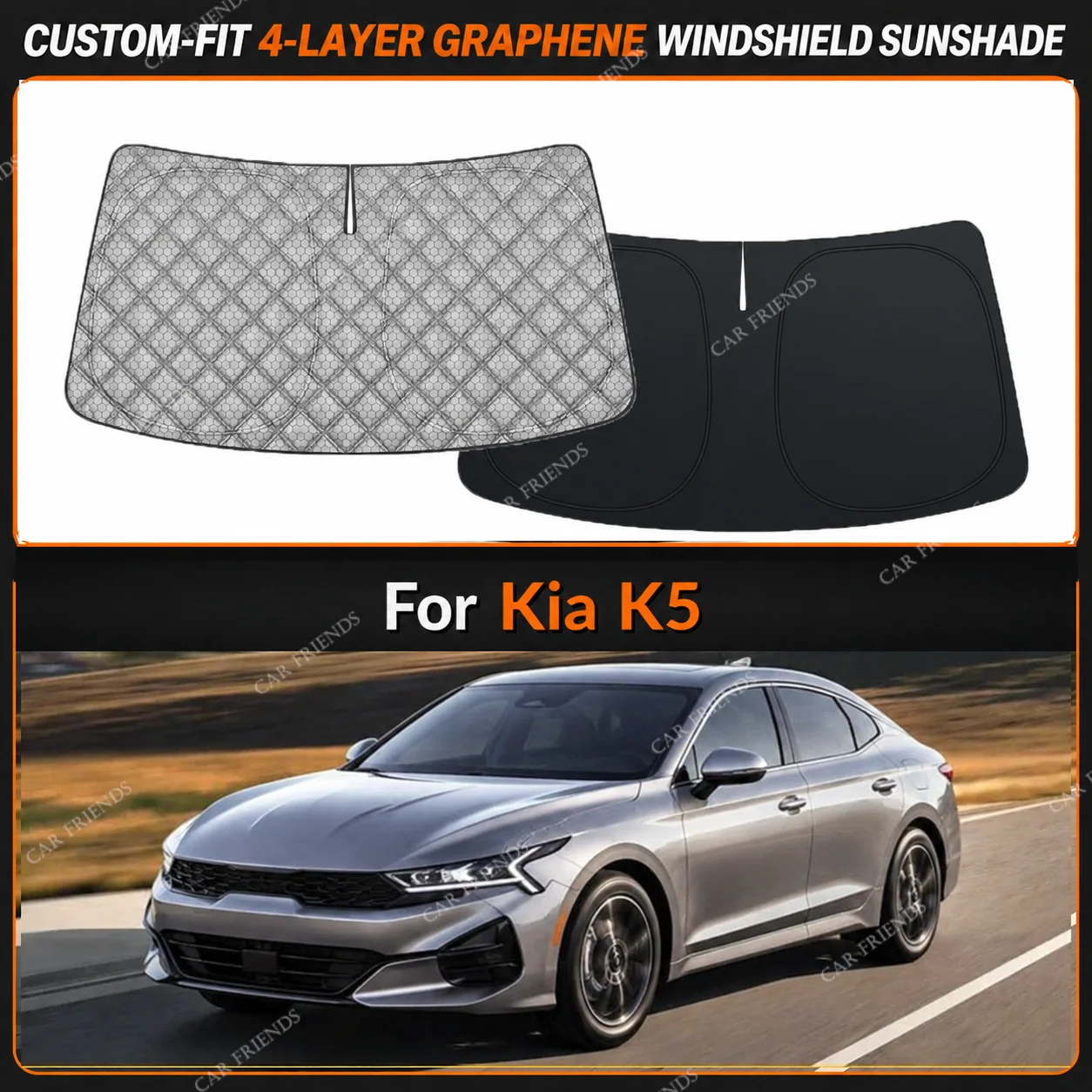 For Kia K5 Custom-Fit 4-Layer Graphene Windshield Sunshade Reflective Gray-Silver Surface Helps Reduce Direct Sunlight