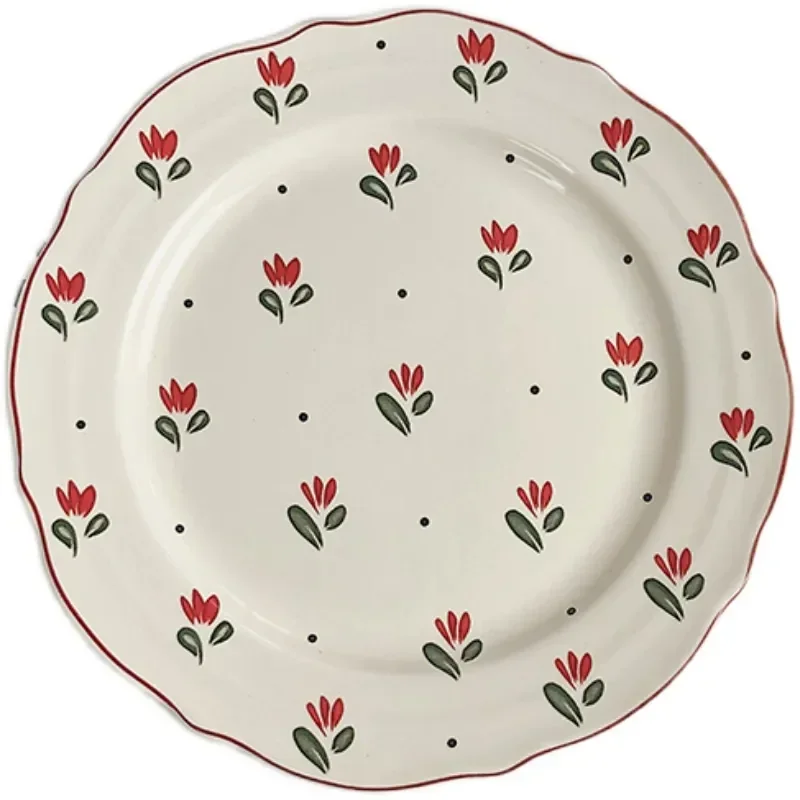 French Ins Retro Lace Ceramic Plate with Red Edge Tulip Meal Plate Breakfast Dessert Western Meal Plate Heat Resistant