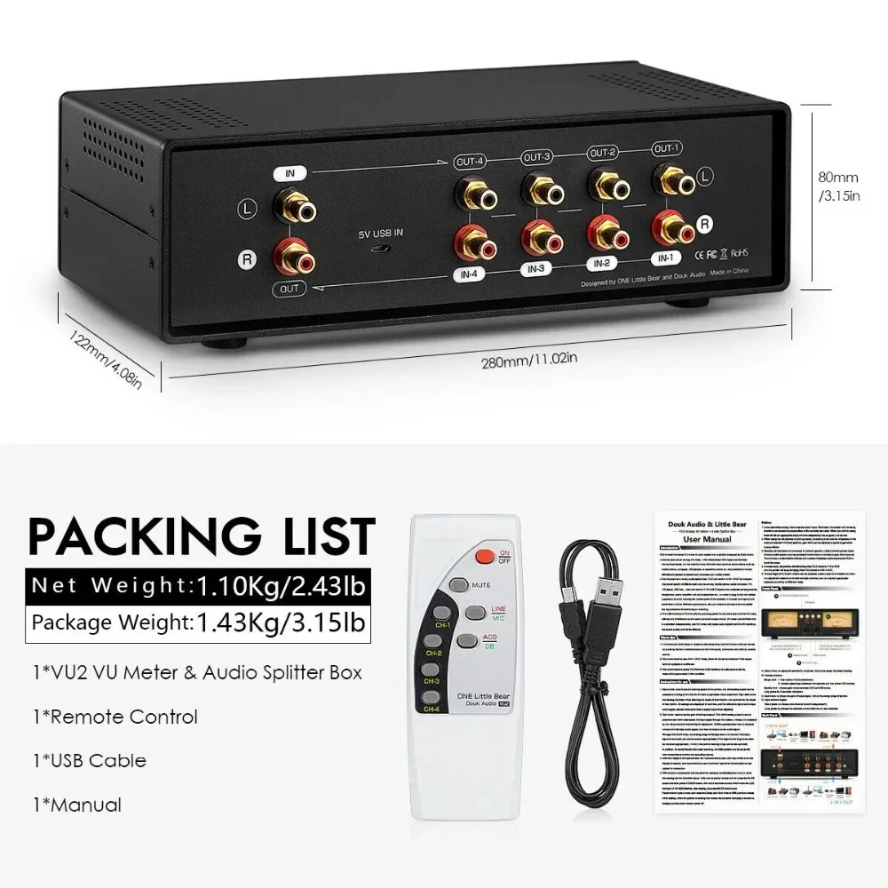 Analog Dual VU Meter MIC+LINE Stereo Music Spectrum Display Sound Level Indicator 4-Port Audio Splitter Switcher Box