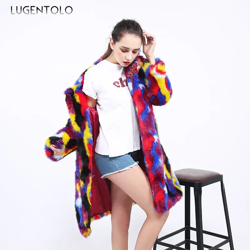 Lugentolo-Casaco longo de pele de raposa falso feminino, casaco quente, colorido, lapela, alta qualidade, moda feminina, outono, inverno, 2023