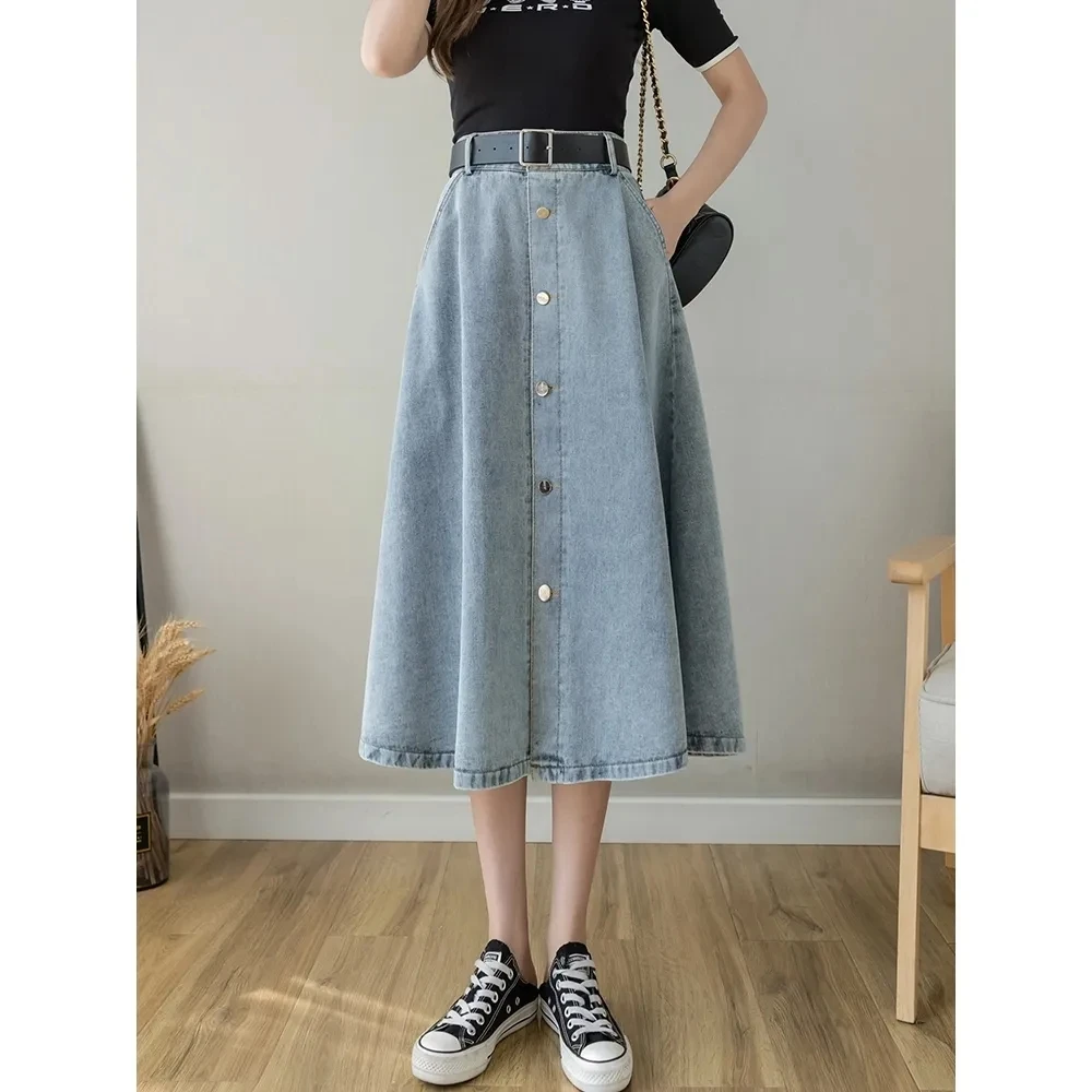 Plus-Size Denim Skirt Women\'s Faldas Mid-Length Black High-Waisted Slimming Single-Breasted A-Line Skirt Ropa De Mujer Dresses