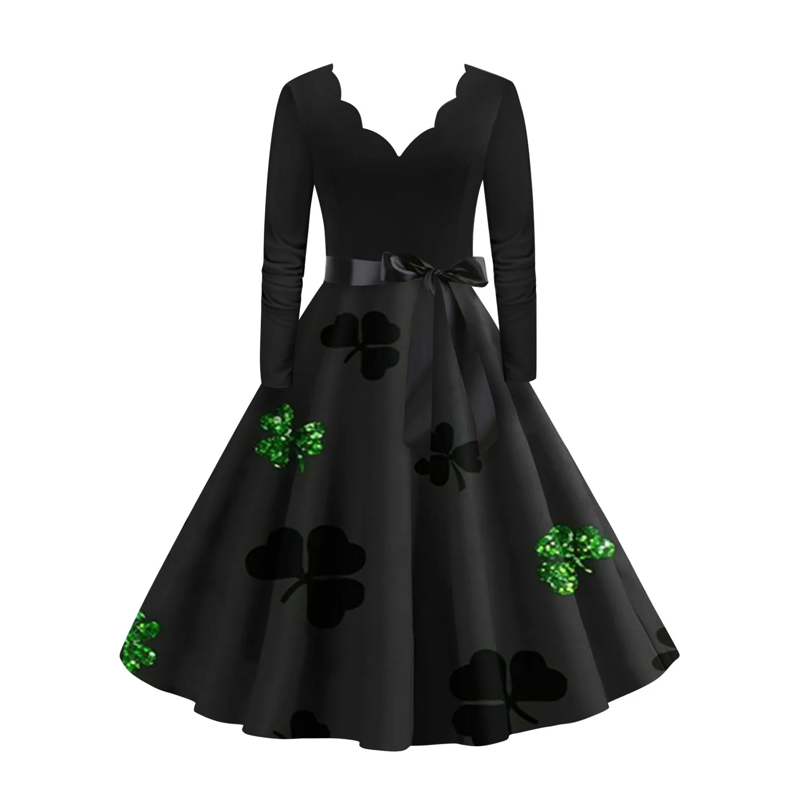 Women Dress Clovers Print Spring Dress Black Long Sleeve Vintage St. Patrick's Day Party Rockabilly Dress Robe Femme Vestidos