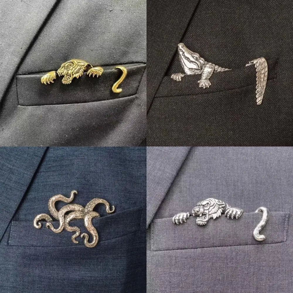 Retro Traditional Animal Shaped Brooch Heavy Duty Crocodile Pattern Collar Button Decoration Tiger Shape Punk Fashion view 4