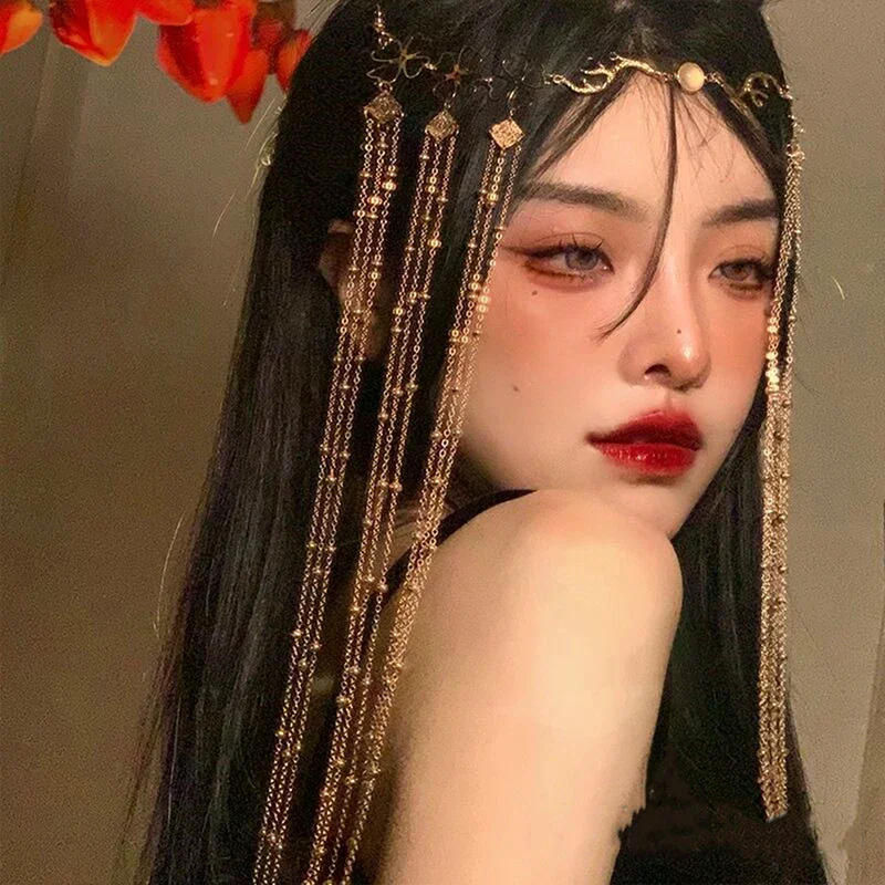 Tassel Ancient Style Hanfu Face Curtain Forehead Jewelry Net Red Hair Accessories Gold Retro Hair Card Bride Hair