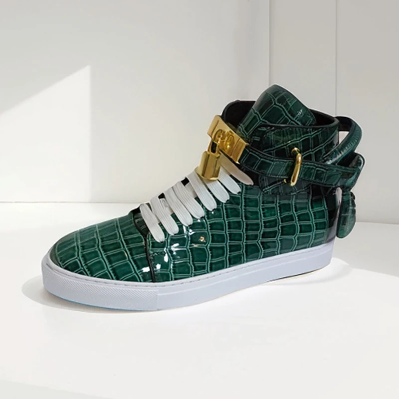 

Green Top Sneakers Mens Cow Leather Lace-up Stone Pattern Business Croc-Sneakers Casual Shoes Luxe Flat Shoes Boots