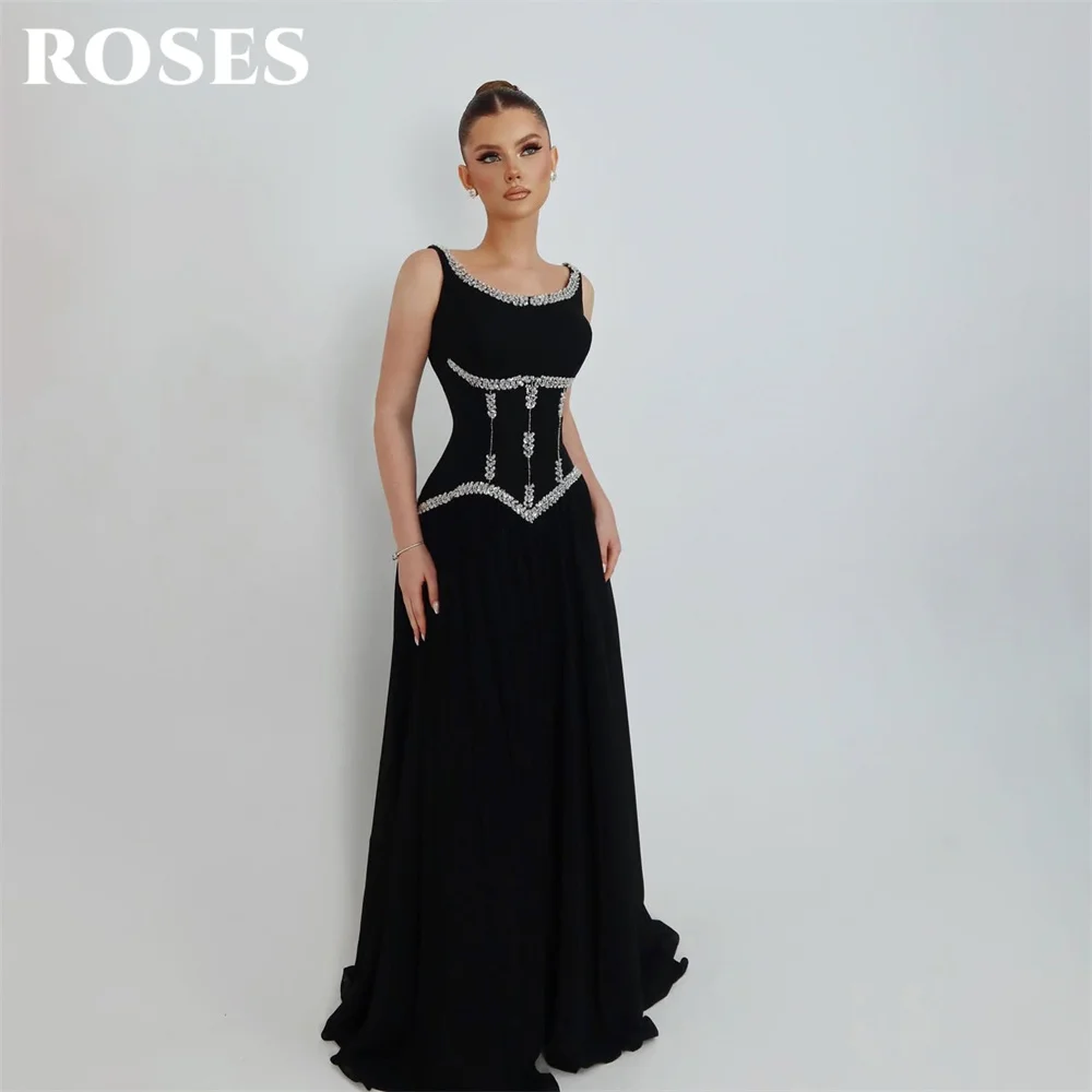 

ROSES Black Evening Dress Spaghetti Strap Sleeveless Prom Dresses Crystal Trim A Line Party Formal Gown robe de bal Customized