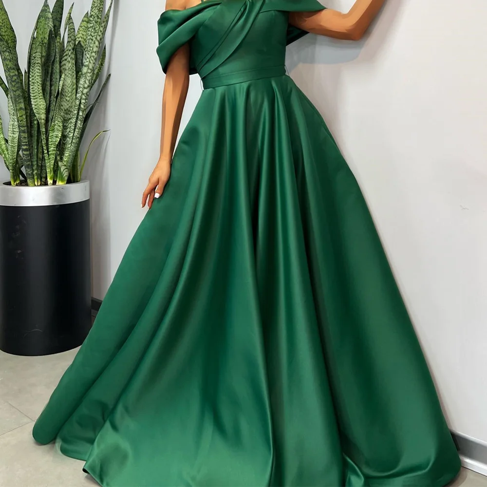 Off the Shoulder Satin Sleeveless Floor Length A-Line Evening Dress Panel Train Lace Up Back Temperament Photo Color Classic