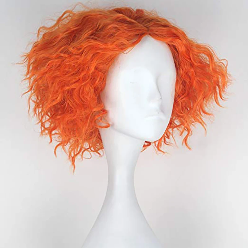 Mad Hatter Cosplay Wig Alice\'s Adventures in Wonderland Curly Short Orange Heat Resistant Synthetic Hair Wigs + Wig Cap