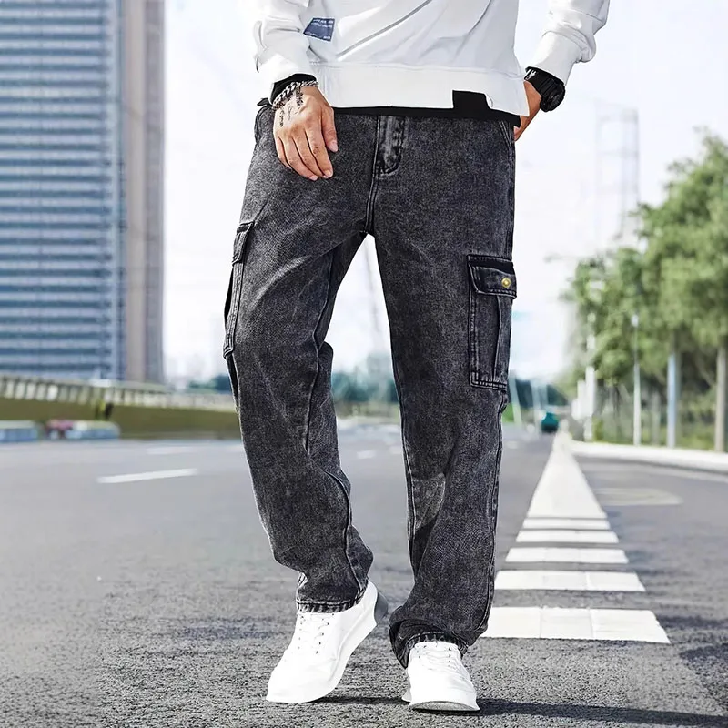 Korean Casual Comfortable Loose Fitting Jeans For Men Large Pocket Jeans Seasons Straight Leg Pants Work Pants