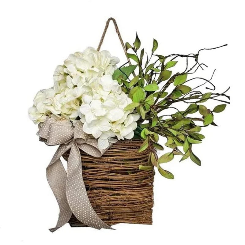 Cream Hydrangea Door Hanger Basket Wreath Farmhouse Door Hanger Wildflower Basket Wreath