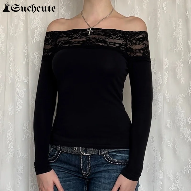 SUCHCUTE Off-shoulder Top Solid Full Sleeve Vintage Lace Sexy Skinny T-Shirts for Women Harajuku Elegant Casual Tees Autumn 2024