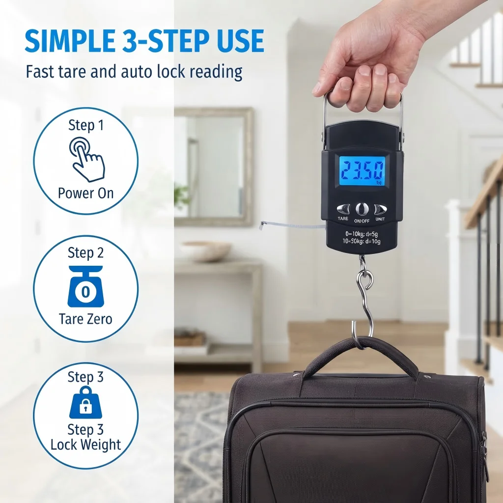 50kg/10g Portable LCD Digital Hanging Scale with 100cm Tape Measure Handheld Weight Tool for Travel Motorcycle Repair
