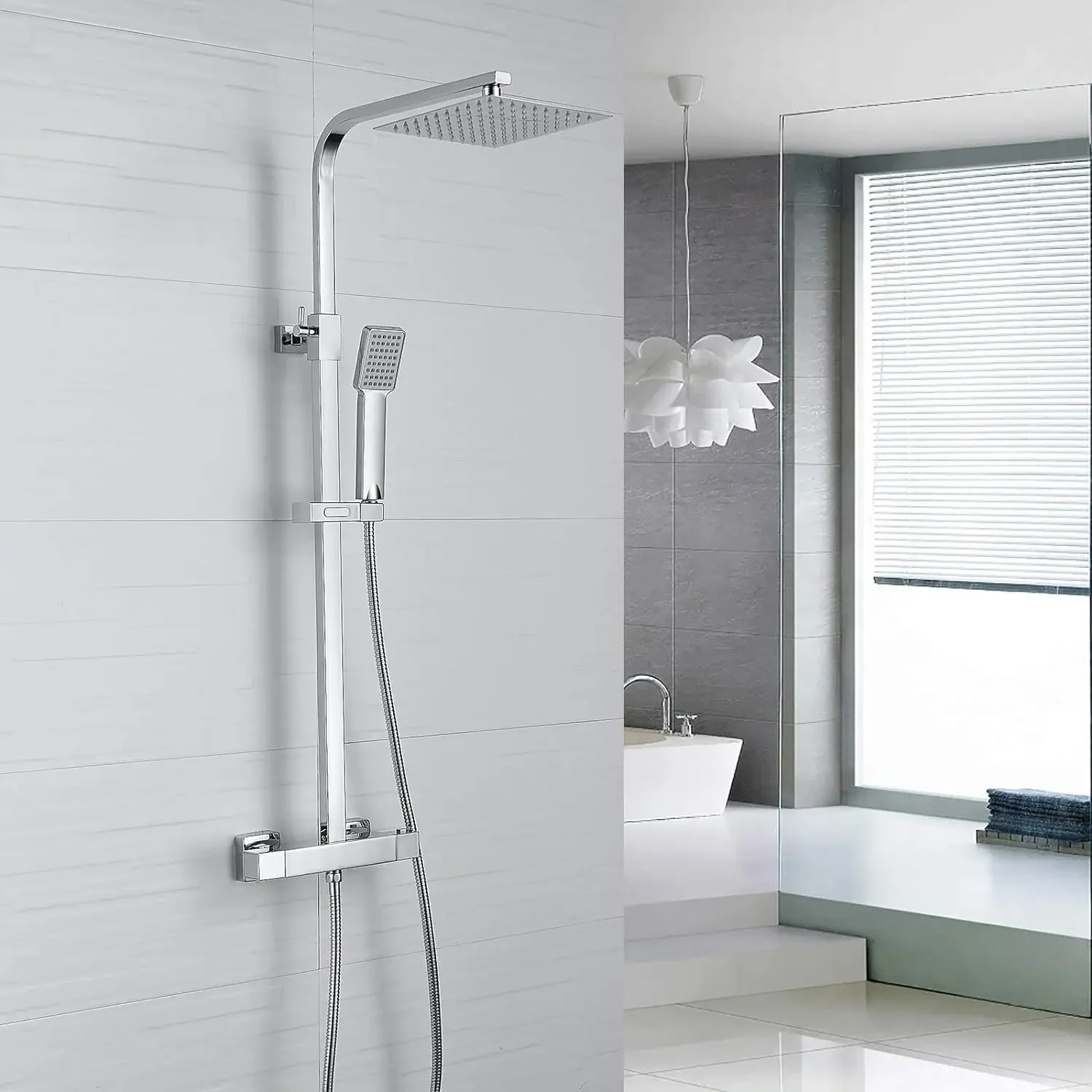 Stainless Steel Two Shower Head Square Thermostatic Shower Mixer Valve, Chrome Rainfall Thermostatic Shower Set