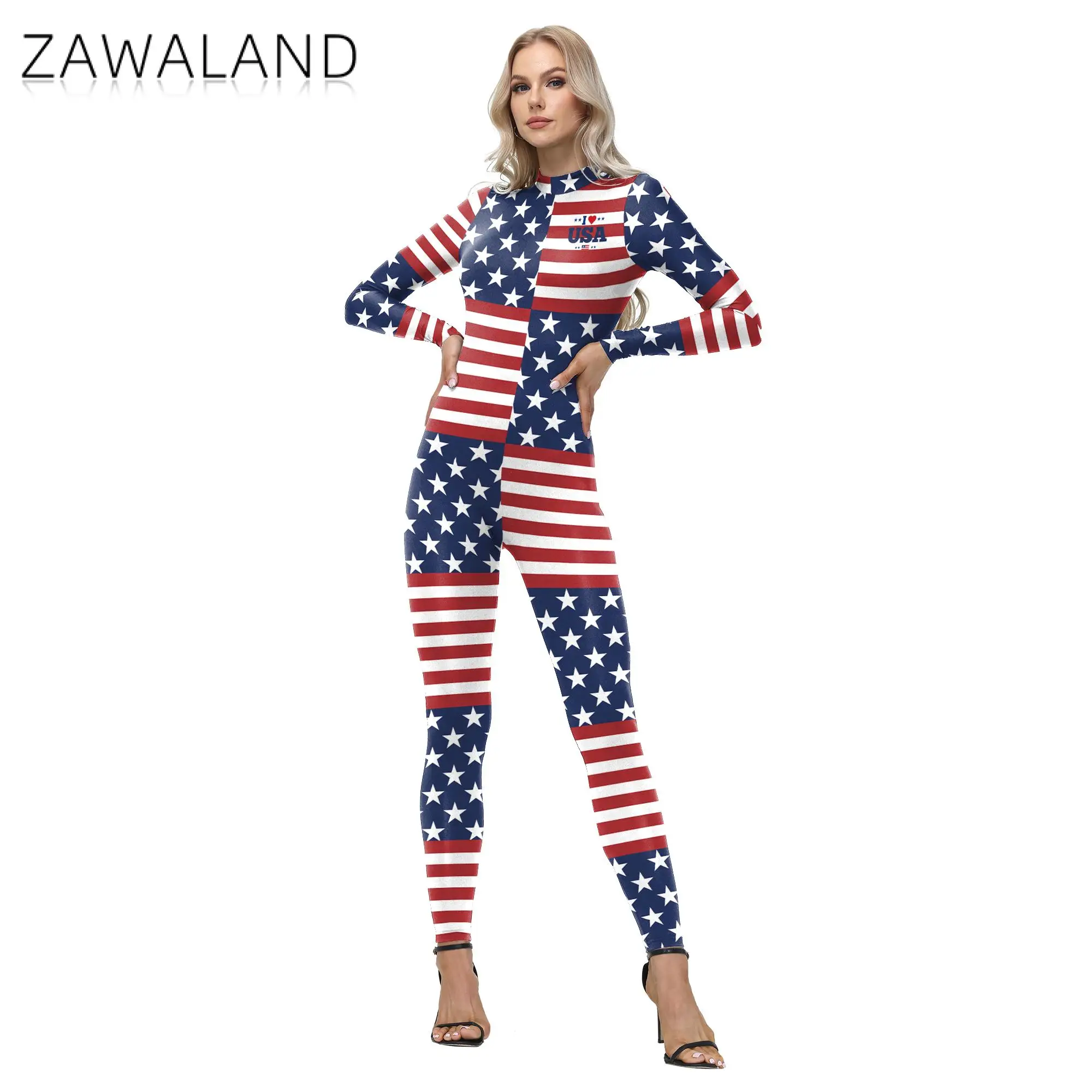 

Zawaland American Holiday Costumes Catsuit Jumpsuit Women Men Patriot Independence Day Flag 3D Printed Zentai Bodysuits