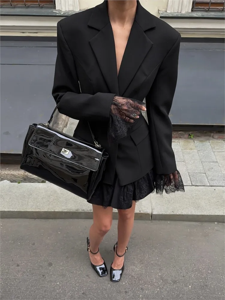 Elegante Kanten Blazer Jas Damesmode Kantoor Dame Volledige Mouw Single Breasted Jassen 2025, Nieuwe Herfst Zwart Casual Slanke Jassen