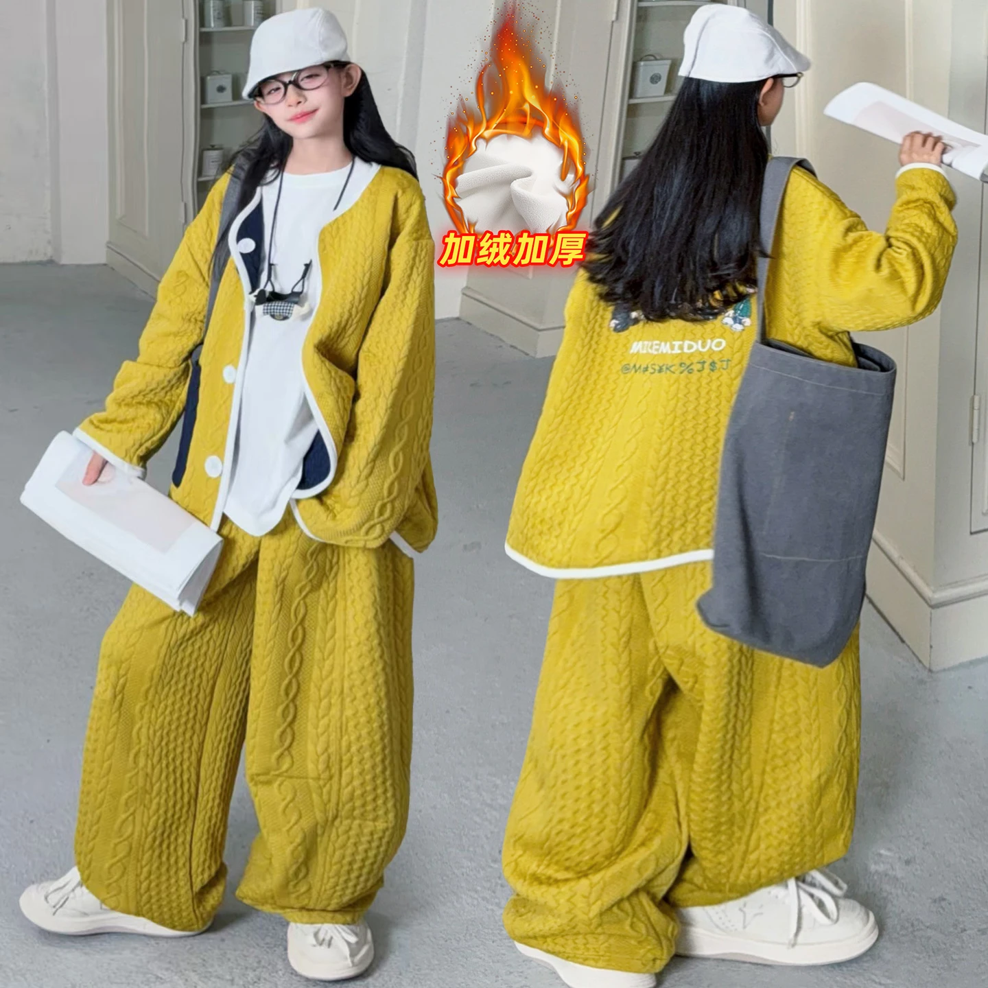 Girl Air Padded Set Spring Autumn Warm Long Sleeve Cardigan Thickened Layered Home-Wearing Suit Winter Season Top+Bottom Clothes