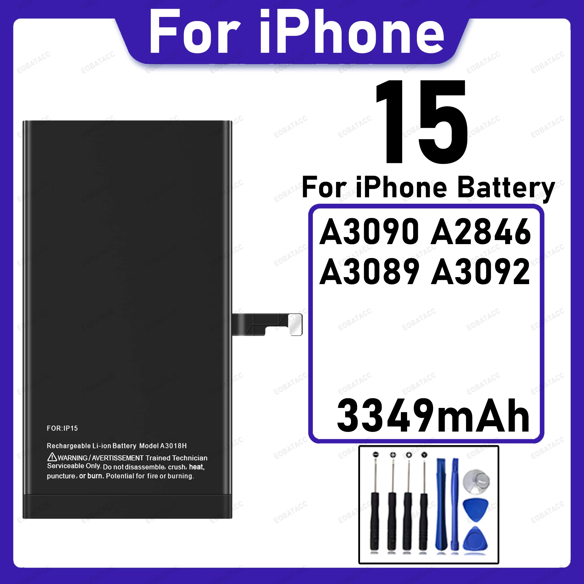 3349mAh Large Capacity Replacement Battery For iPhone 15 A3090 A2846 A3089 A3092 Safe Long Lasting Phone Repair Parts +Free Tool