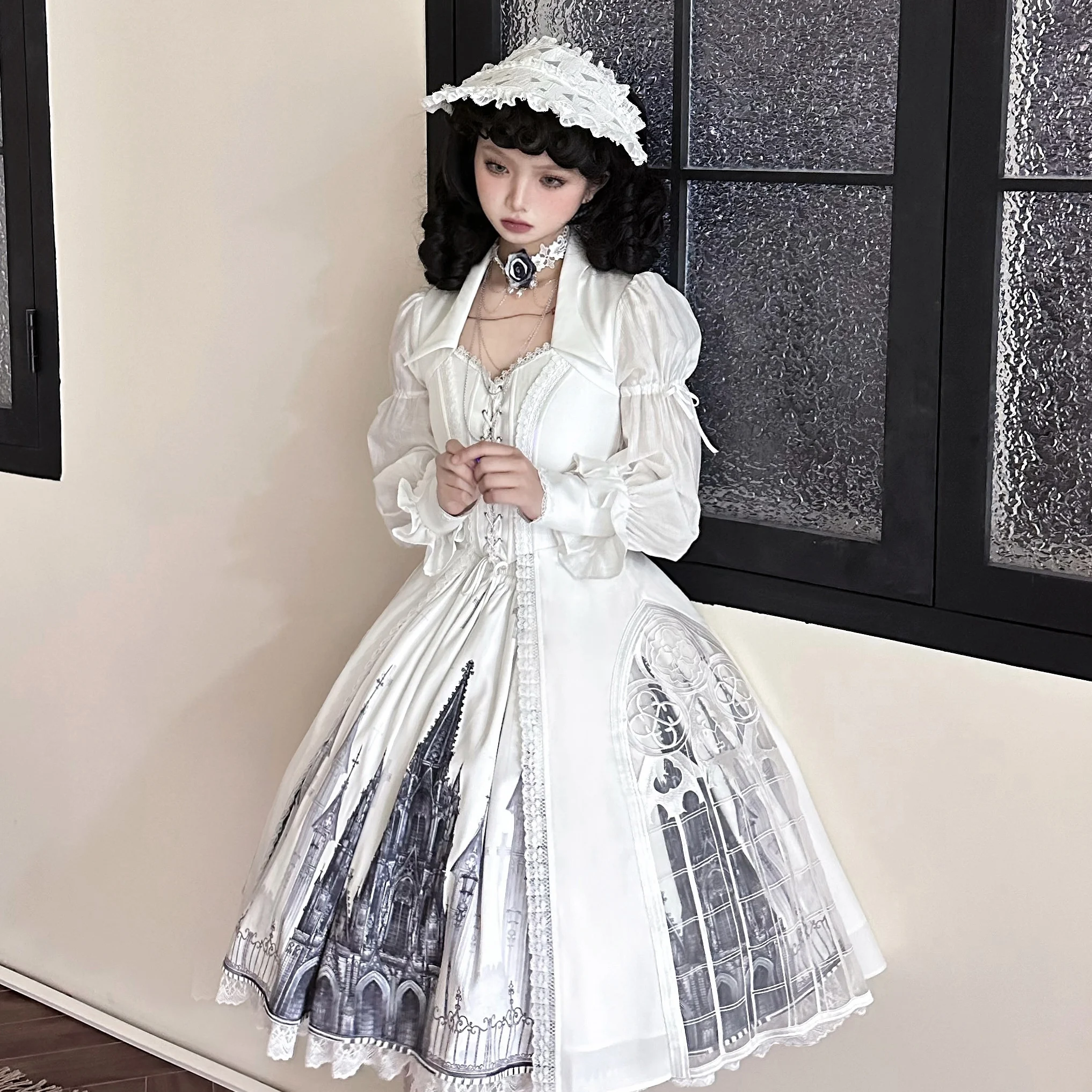 Gothic Lolita Trench Coat Long Sleeve Cathedral Window Embroidered