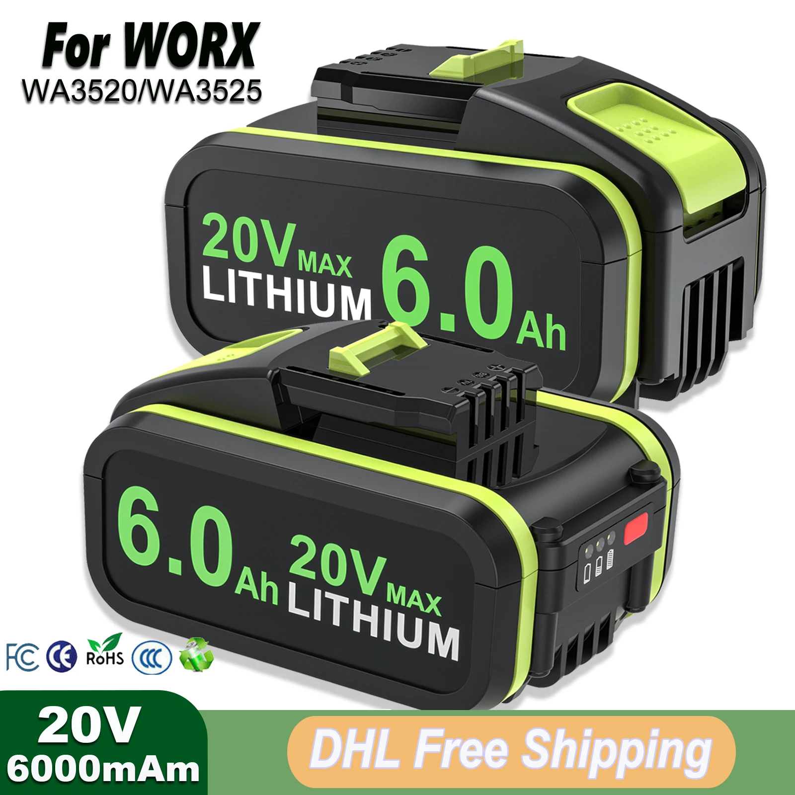 6000mAh Battery For Worx WA3553/WA3551 20V Cordless Power Tool Battery WA3572 WA3553 WX390  WX176 WX178 WU268 Spare Batteriies