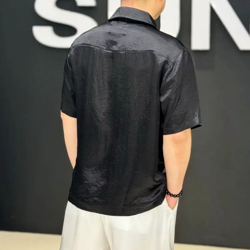 Light Luxury Summer New Solid Color Pleated Short-sleeved Men's Trendy Brand Thin Zippered Half-sleeved T-shirt Cardigan
